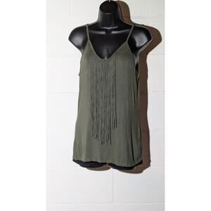 Occasion Olive Green Fringe Tank Top Sleeveless V Neck Shirt Small